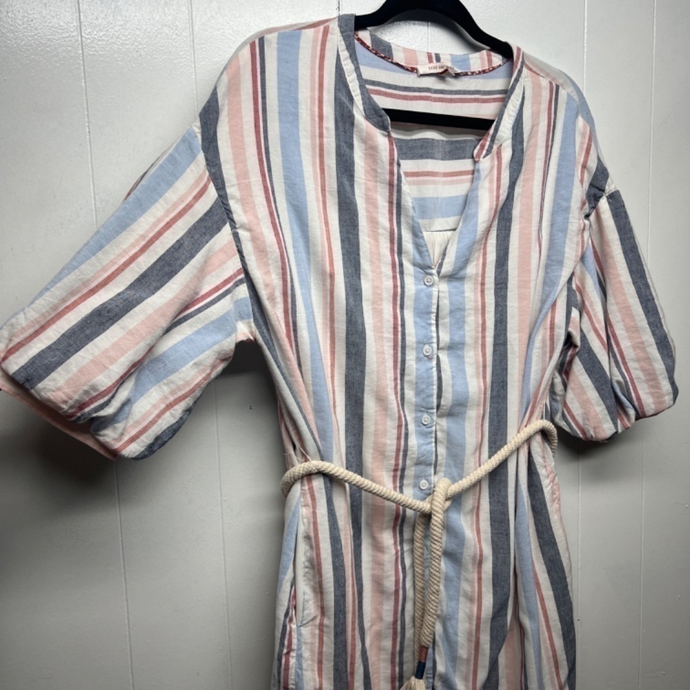 Skies Are Blue Linen Cotton Blend Striped Button Down Boho Women's Dress Medium - Picture 7 of 15